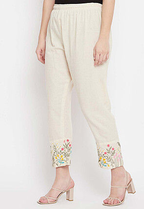 Embroidered Cotton Pant in Light Beige