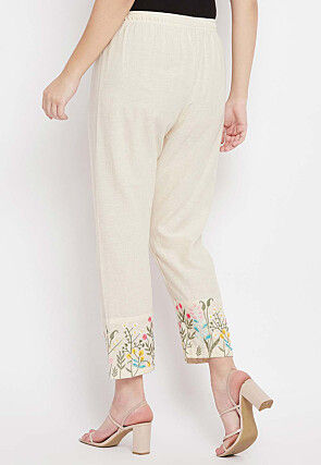 Embroidered Cotton Pant in Light Beige