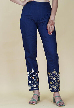 Embroidered Cotton Pant in Navy Blue