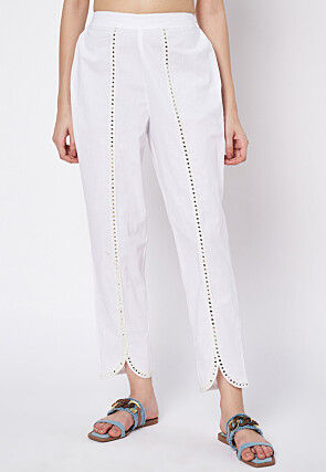 Embroidered Cotton Pant in White