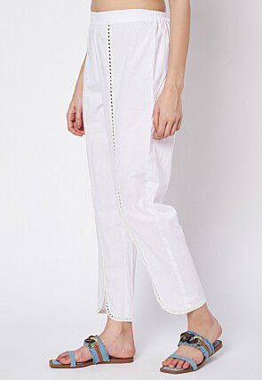 Embroidered Cotton Pant in White