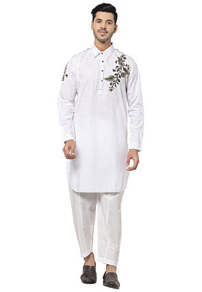 Embroidered Cotton Pathani Suit in White