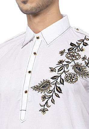 Embroidered Cotton Pathani Suit in White