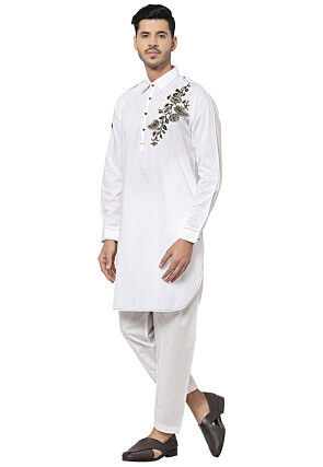 Embroidered Cotton Pathani Suit in White