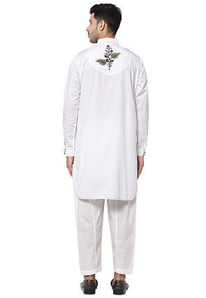 Embroidered Cotton Pathani Suit in White