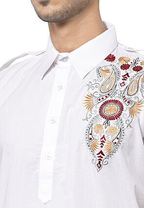 Embroidered Cotton Pathani Suit in White
