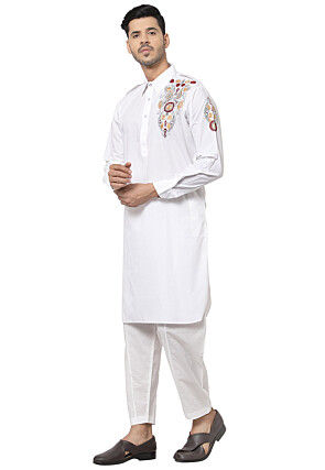Embroidered Cotton Pathani Suit in White