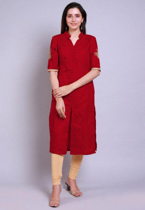 Embroidered Cotton Princess Cut Straight Kurta Set in Red