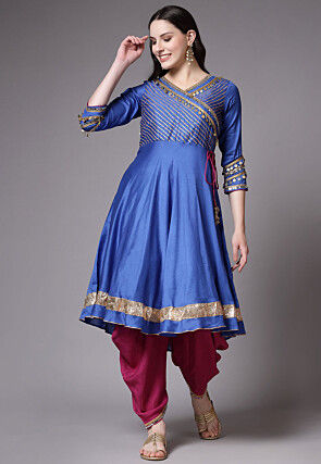 Embroidered Cotton Chanderi Punjabi Suit in Blue
