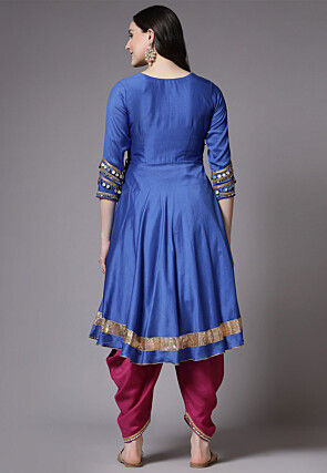 Embroidered Cotton Chanderi Punjabi Suit in Blue