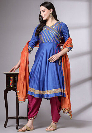 Embroidered Cotton Chanderi Punjabi Suit in Blue