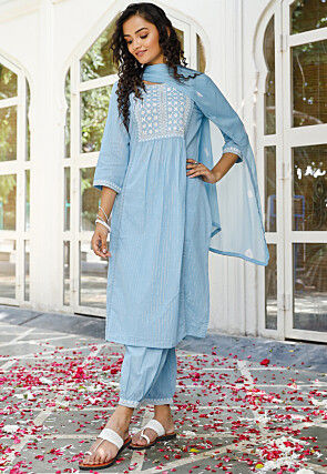 Embroidered Cotton Punjabi Suit in Sky Blue