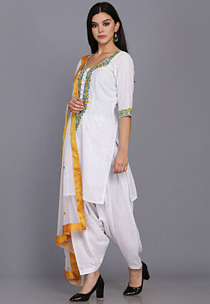Embroidered Cotton Punjabi Suit in White