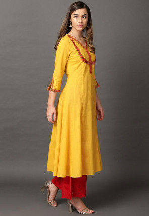 Embroidered Cotton Rayon A Line Kurta in Mustard