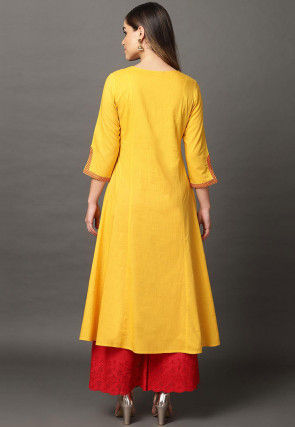 Embroidered Cotton Rayon A Line Kurta in Mustard