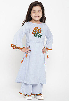 Embroidered Cotton Rayon A Line Kurta Set in Light Blue