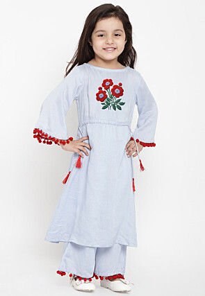 Embroidered Cotton Rayon A Line Kurta Set in Light Blue
