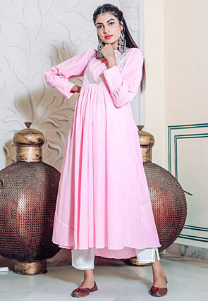 Embroidered Cotton Rayon A Line Kurta Set in Pink