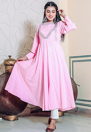 Embroidered Cotton Rayon A Line Kurta Set in Pink