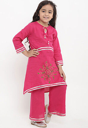 Embroidered Cotton Rayon A Line Kurta Set in Pink