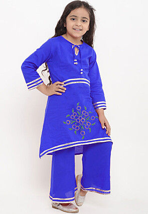 Embroidered Cotton Rayon A Line Kurta Set in Royal Blue