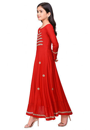 Embroidered Cotton Rayon A Line Set in Red