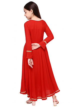 Embroidered Cotton Rayon A Line Set in Red