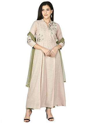 Embroidered Cotton Rayon A Line Suit in Beige