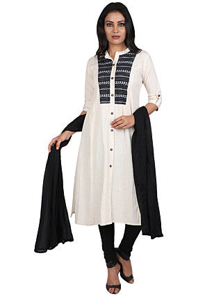 Embroidered Cotton Rayon A Line Suit in Off White