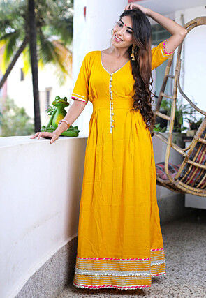 Embroidered Cotton Rayon Abaya Style Suit in Yellow