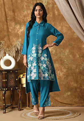 Embroidered Cotton Rayon High Low Kurta Set in Blue