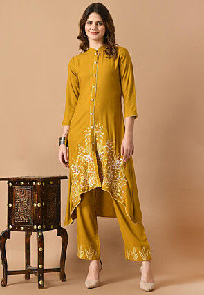 Embroidered Cotton Rayon High Low Kurta Set in Mustard