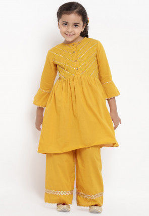 Embroidered Cotton Rayon Kurta Set in Mustard