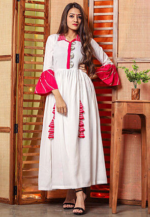 Embroidered Cotton Rayon Maxi Dress Set in White