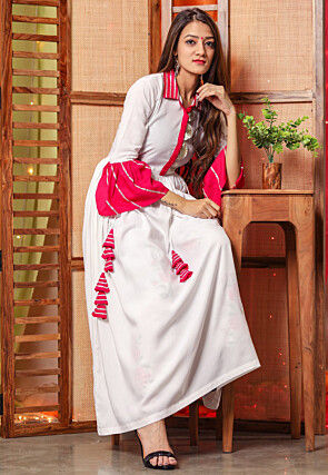 Embroidered Cotton Rayon Maxi Dress Set in White