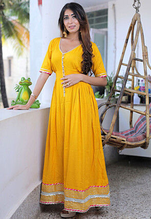 Embroidered Cotton Rayon Maxi Dress Set in Yellow