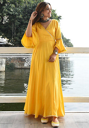 Embroidered Cotton Rayon Maxi Dress Set in Yellow