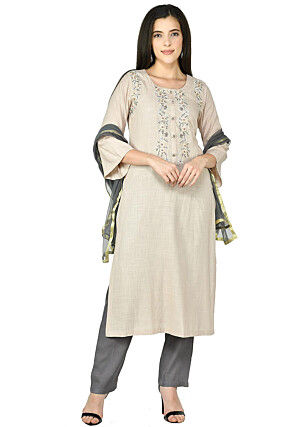 Embroidered Cotton Rayon Pakistani Suit in Light Beige