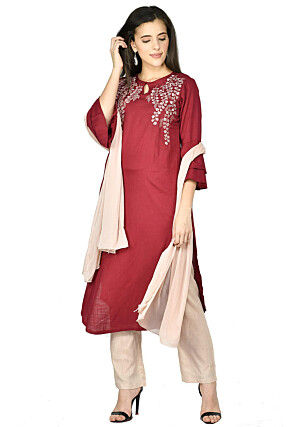 Embroidered Cotton Rayon Pakistani Suit in Maroon