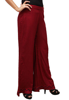 Embroidered Cotton Rayon Palazzo in Maroon