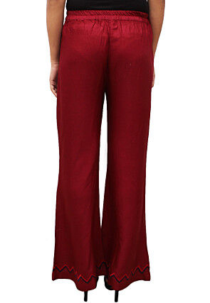 Embroidered Cotton Rayon Palazzo in Maroon