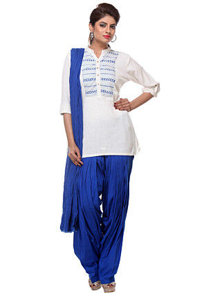 Embroidered Cotton Rayon Punjabi Suit in White