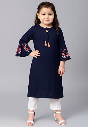 Embroidered Cotton Rayon Straight Kurta Set in Navy Blue
