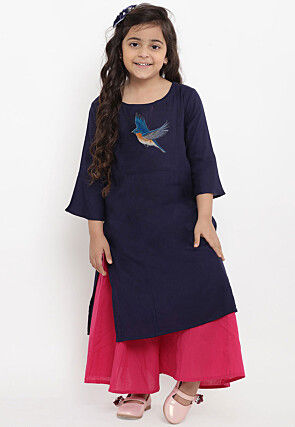 Embroidered Cotton Rayon Straight Kurta Set in Navy Blue