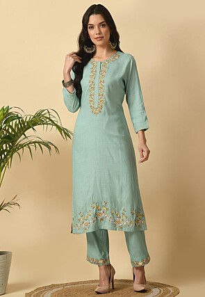 Embroidered Cotton Rayon Straight Kurta Set in Sea Green