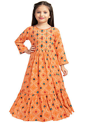 Embroidered Cotton Ruffled Gown in Orange