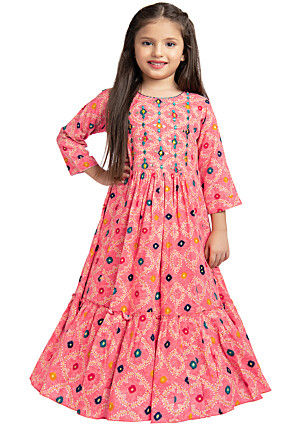 Embroidered Cotton Ruffled Gown in Pink