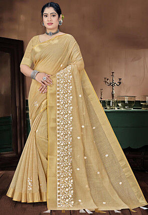 Embroidered Cotton Saree in Beige