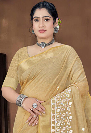 Embroidered Cotton Saree in Beige