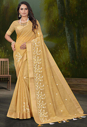 Embroidered Cotton Saree in Beige